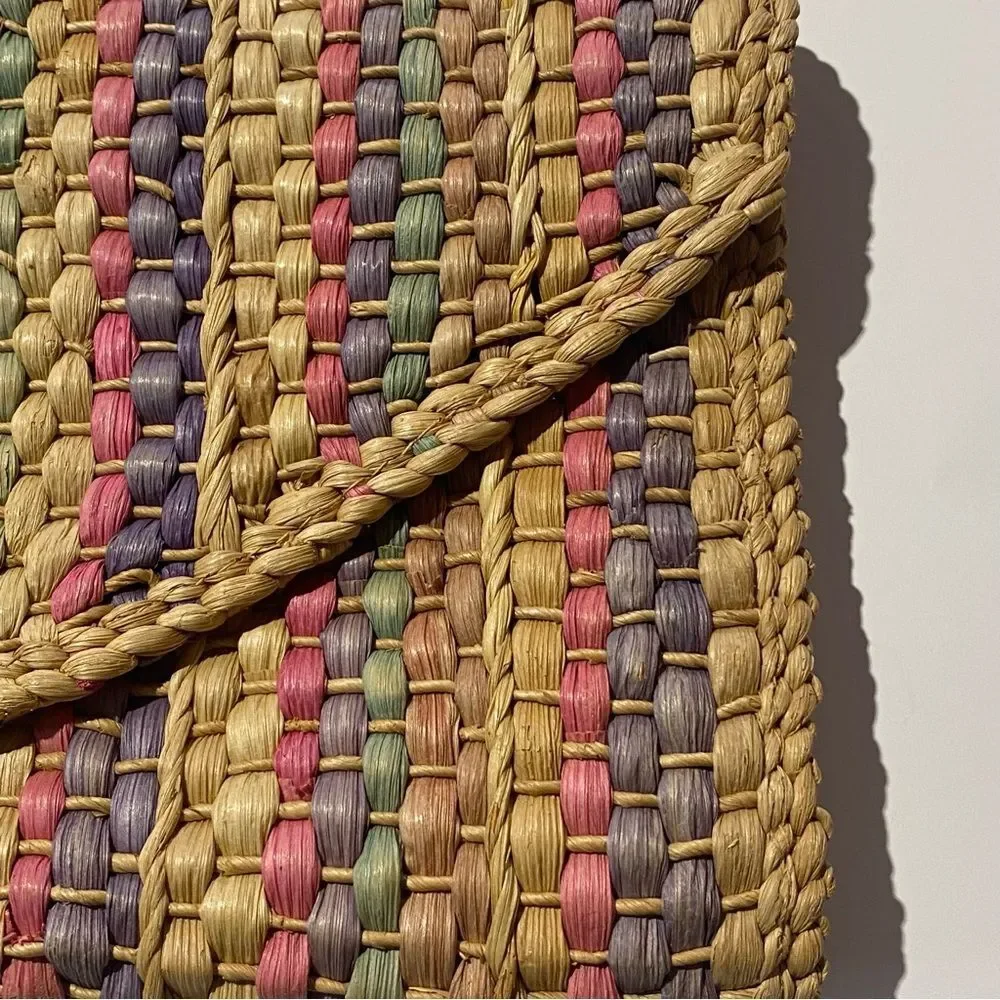 Vintage Straw Chic Flap Beach Boho Summer Multi-Color Striped Clutch Hand Bag